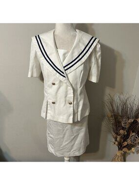 Vtg Leslie Fay 2pc Jacket & Skirt Sailor Suit Nautical Ivory Buttons Sz 10 Flaw